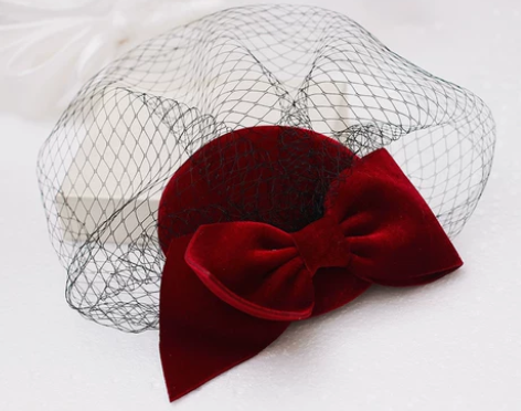 新娘复古酒红色法式绒面礼帽蕾丝蝴蝶结婚发饰...