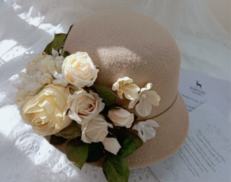 原创手作毛呢复古焦边玫瑰花保暖森系盆帽礼帽...