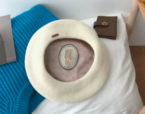 西本石原里美同款贝雷帽女秋冬百搭冬季羊毛黑...