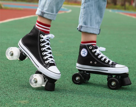 夏季透气帆布闪光双排溜冰场鞋旱冰鞋成年耐磨...