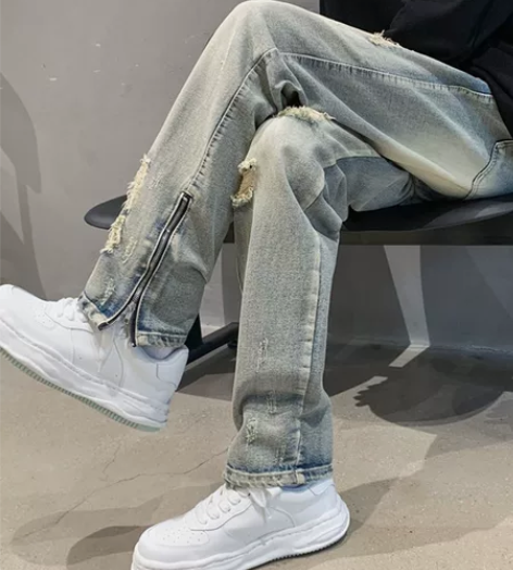 欧美vibe裤子高街潮ins美式复古开叉破...