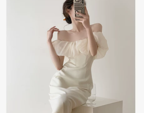 法式裙 短裙法式栀久米白色一字肩连衣裙女夏...