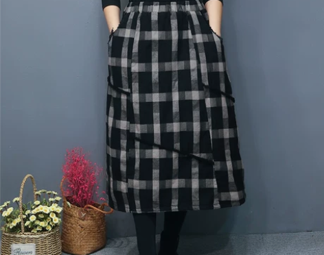 原创复古棉麻格子夹棉a字裙百搭松紧腰半身裙...