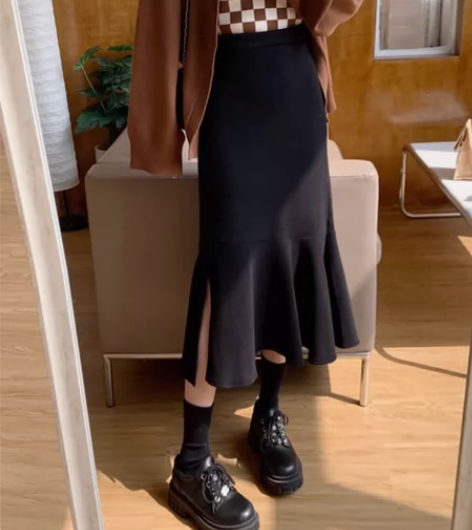 a字鱼尾裙西装面料垂感好 2XL黑色显瘦 ...