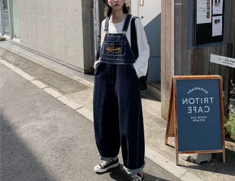 刺绣牛仔背带裤女潮春秋宽松显瘦学生韩版宽松...