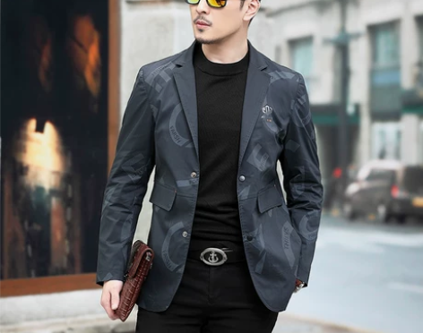 2021春夏新品男士印花西服中青年商务休闲...