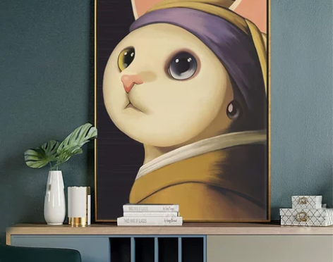 工艺画 壁画工艺画戴珍珠耳环的猫咪装饰画小...