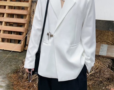 秋季韩国ins白色小西装男个性金属锁扣设计...