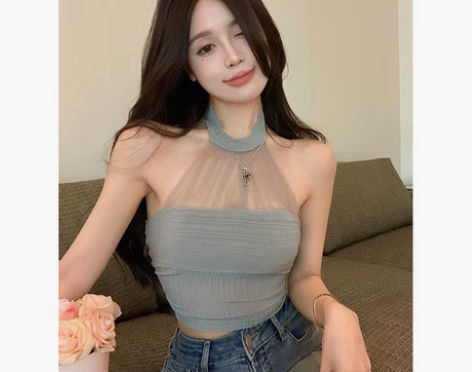 纯欲甜辣妹性感网纱挂脖吊带背心女内搭设计感...