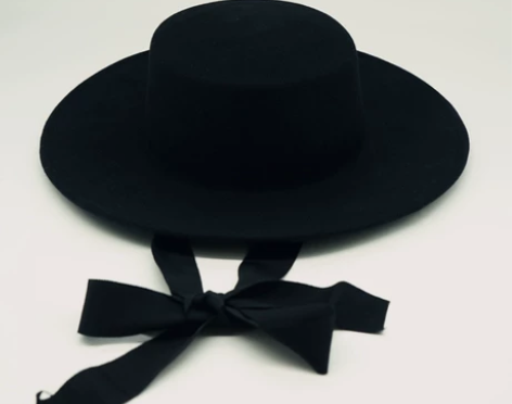 法式复古系带黑色大帽檐宽檐羊毛呢平顶礼帽女...