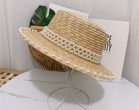 大檐赫本风帽子出游海边珍珠麦秆草帽遮阳帽复...