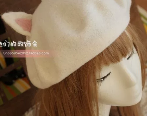 手工羊毛毡贝雷帽 猫耳朵帽子 女士画家帽 ...