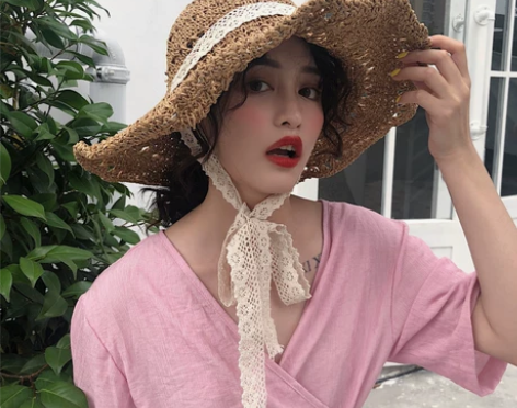 日系蕾丝花边草帽女夏百搭透气大檐文艺沙滩折...