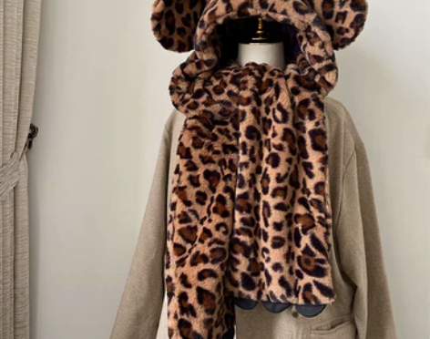 可爱冬季豹纹帽子围巾帽子一体大耳朵套件卡哇...