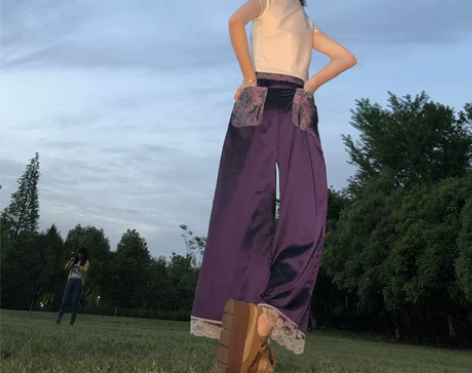紫色裤子女宽松欧洲站bf风欧美复古温柔风阔...