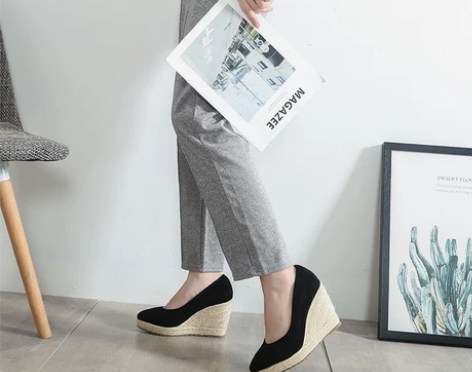 坡跟单鞋女春秋季新款浅口时尚尖头厚底防水台...