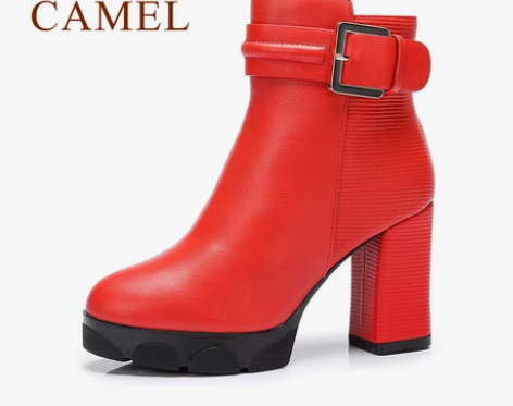 Camel骆驼女鞋 时尚通勤短靴 水染牛皮...