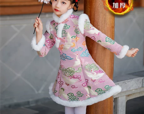 女童旗袍冬拜年服加绒加厚儿童新年高端中国风...