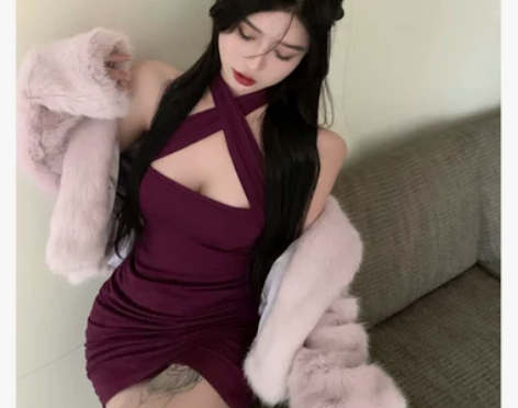 修身性感挂脖连衣裙女春季收腰小个子包臀裙短...