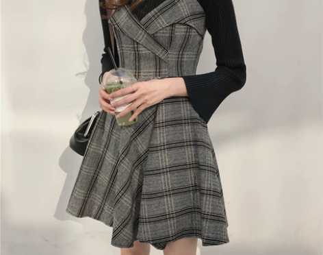 韩国秋冬连衣裙V领格子吊带裙女修身显瘦a字...