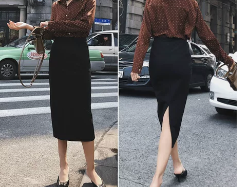 包臀裙女半身中长款春秋开叉显瘦弹力长裙高腰...
