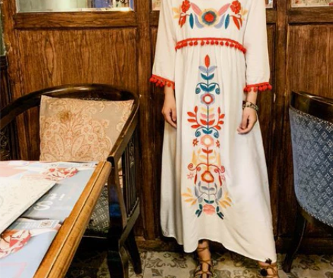 泰国尼泊尔重工民族风刺绣高腰白色连衣裙云南...