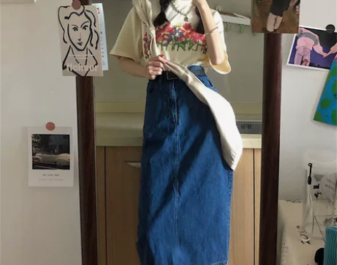 牛仔半身裙女中长款复古港风开叉裙子夏季半截...