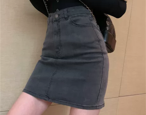牛仔裙女港风chic复古黑灰色A字裙夏季短...