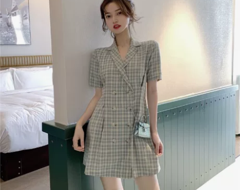 裙子收腰女港风学生夏装修身显瘦复古气质格子...