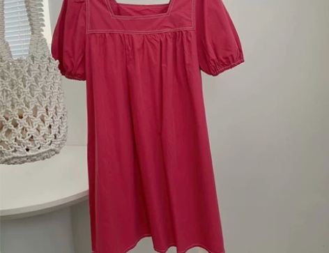 日系方领短袖新款连衣裙夏季小众中裙纯色女时...