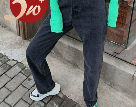 韩国高腰黑色垂感牛仔阔腿裤女宽松直筒拖地裤...