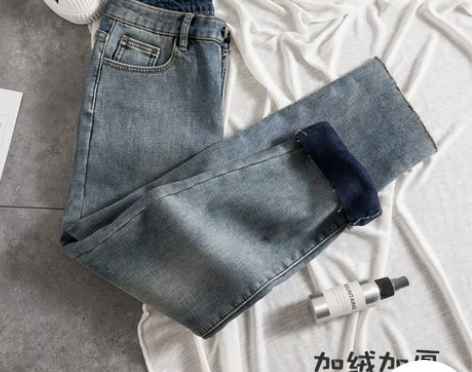宽松加绒直筒牛仔裤女秋冬季高腰显瘦加厚阔腿...