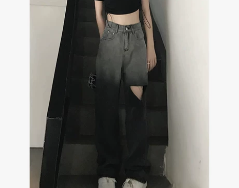 破洞牛仔裤女夏设计感小众高腰直筒裤小个子阔...