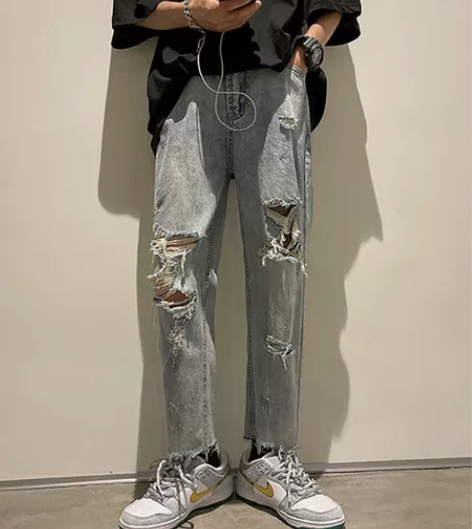 膝盖破洞九分牛仔裤男夏季薄款修身直筒裤子毛...