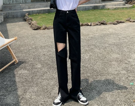 开叉破洞牛仔裤宽松直筒高腰显瘦阔腿拖地裤 ...