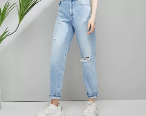 ONLY冬季新款复古高腰破洞宽松直筒宽松九...