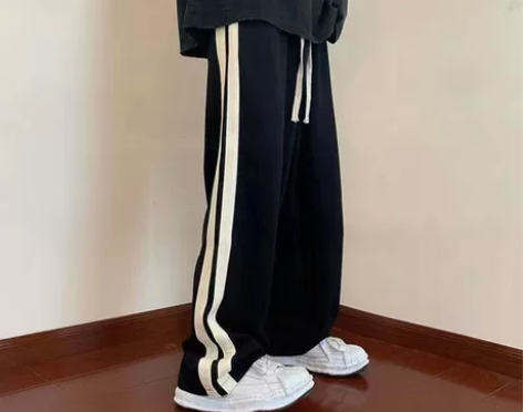 秋冬加绒加厚双杠条纹休闲裤情侣高街嘻哈百搭...