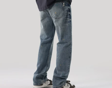 春秋款泼墨牛仔裤男复古宽松潮牌阔腿直筒裤男...