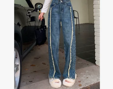 kumikumi毛边设计感开叉直筒牛仔裤女...