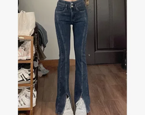 弹力开叉设计牛仔裤女夏季直筒修身显瘦微喇裤...