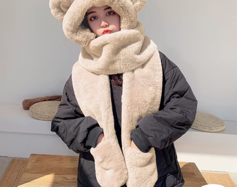 可爱小熊帽子围巾一体女新款网红冬天百搭围脖...