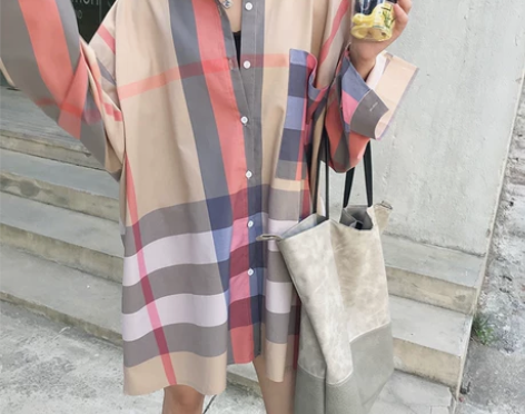 韩版早秋中长款宽松chic格子防晒长袖衬衫...