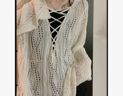 財哥不熬夜薄款网状镂空防晒针织上衣夏季宽松...