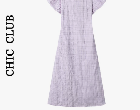 后背系带镂空裙子女夏连衣裙 格子泡泡袖长裙...