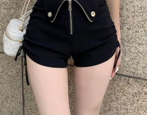 超高腰抽绳黑色短裤女夏季辣妹设计感小众小个...
