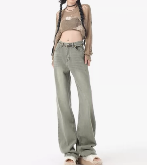 美式高街小众水洗复古绿阔腿牛仔裤女秋冬休闲...