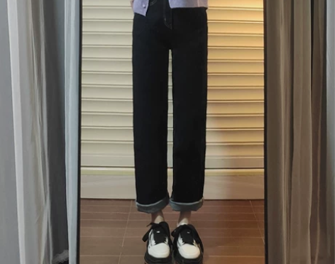 muse陈阿瓜深蓝色直筒牛仔裤女2021新...