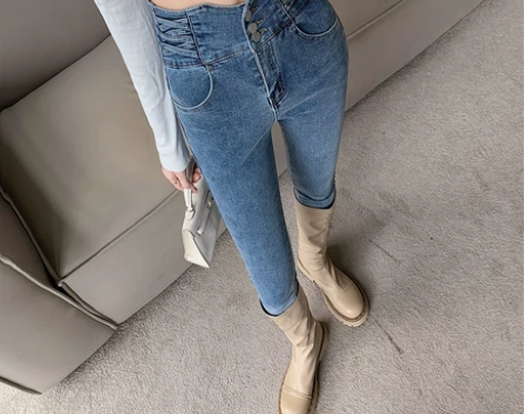 超高腰黑色牛仔裤女小脚裤2022年秋冬季加...