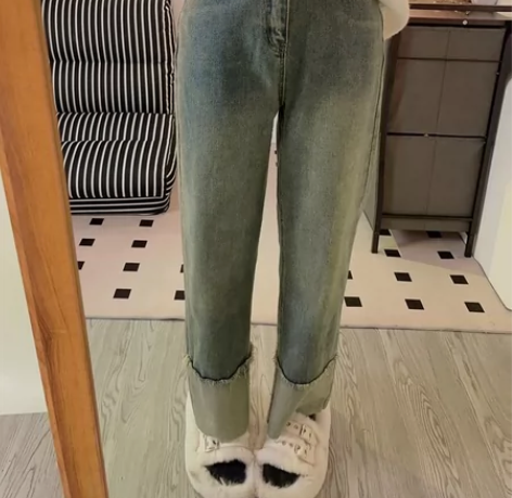 卷边牛仔裤女ins潮百搭宽松直筒阔腿裤复古...