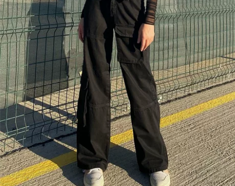 WEEKEEP 黑色高腰直筒牛仔裤女工装裤...